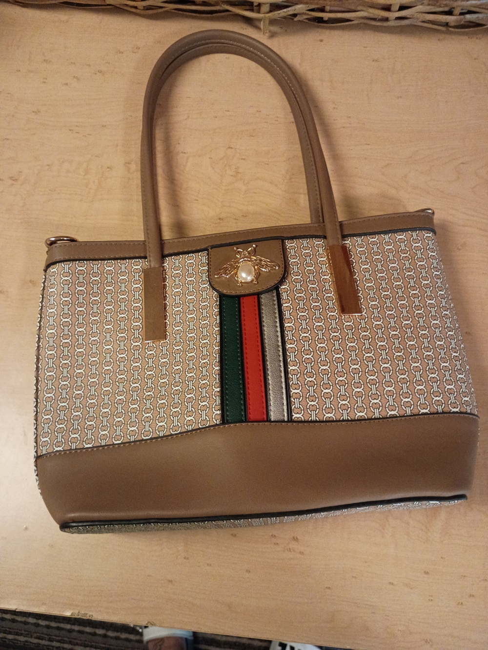 Othr Taupe Patterned Tote with Red and Green Stripe and Gold Bee